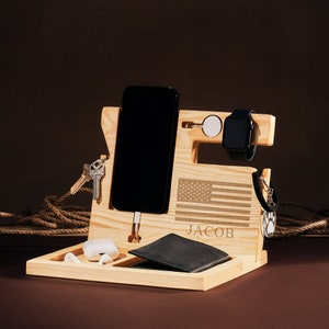 Unique Christmas Gift for Him, Charging Station, Gift for Boyfriend, Men Birthday Husband Gift, Wood Docking Station, Wooden Phone Holder