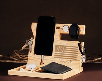 Unique Christmas Gift for Him, Charging Station, Gift for Boyfriend, Men Birthday Husband Gift, Wood Docking Station, Wooden Phone Holder