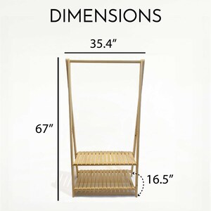 May include: A wooden clothing rack with two shelves. The rack is 67 inches tall, 35.4 inches wide, and 16.5 inches deep.