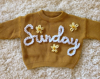 Custom and personalized name or word hand embroidered baby and toddler knit sweater
