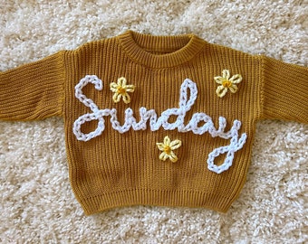 Custom and personalized name or word hand embroidered baby and toddler knit sweater