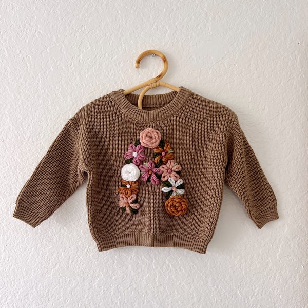 Custom initial flower design embroidered baby and toddler knit sweater