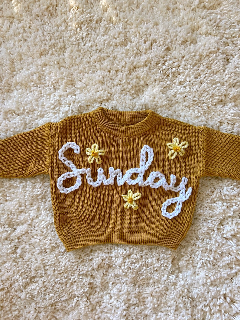 Custom and personalized name or word hand embroidered baby and toddler knit sweater image 1