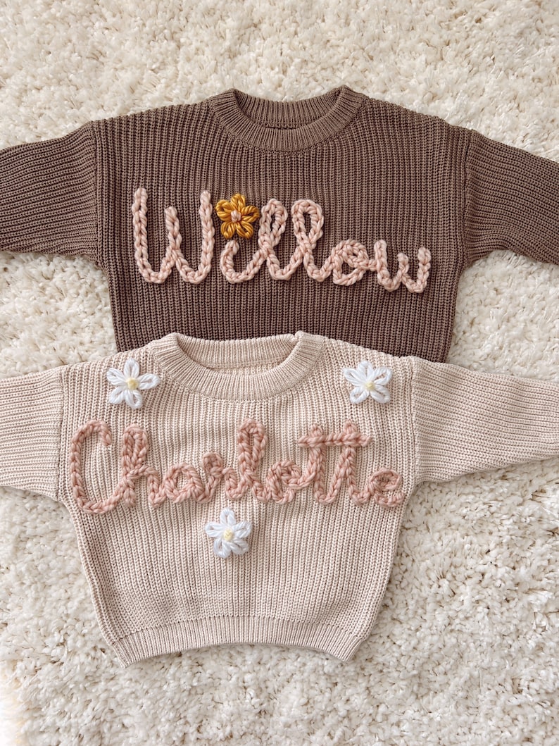 Custom and personalized name or word hand embroidered baby and toddler knit sweater image 6