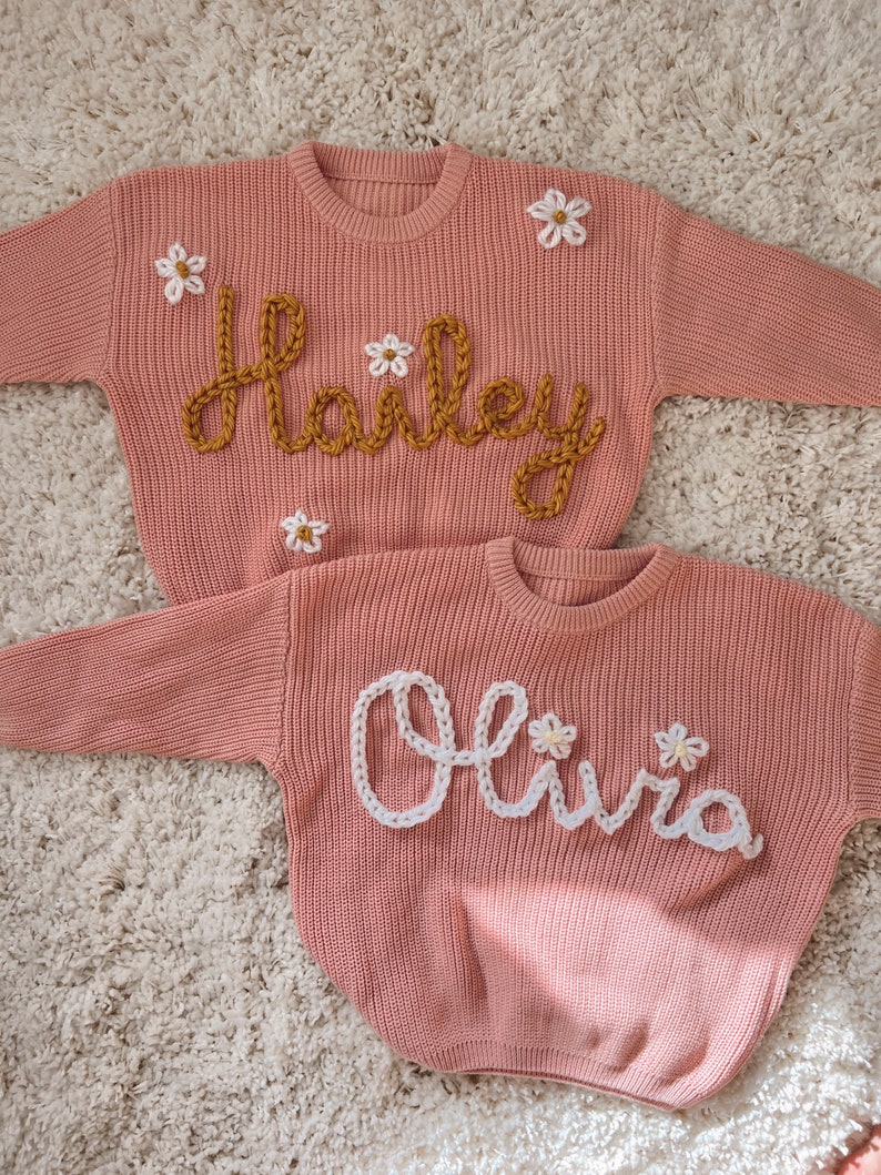 Custom and personalized name or word hand embroidered baby and toddler knit sweater image 7