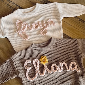 Custom and personalized name or word hand embroidered baby and toddler knit sweater image 3