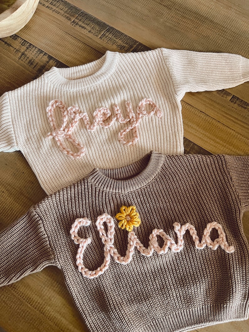 Custom and personalized name or word hand embroidered baby and toddler knit sweater image 3