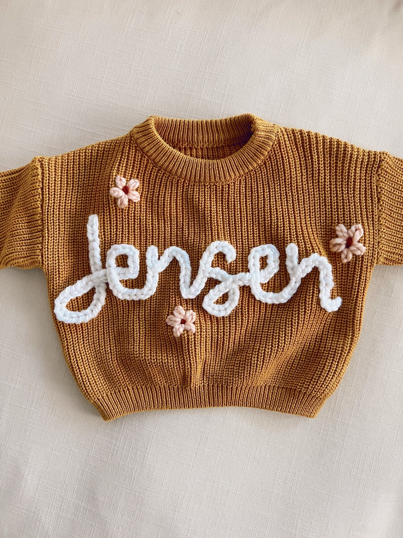 Custom and personalized name or word hand embroidered baby and toddler knit sweater image 2