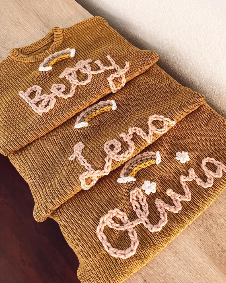 Custom and personalized name or word hand embroidered baby and toddler knit sweater image 4