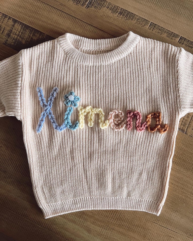 Custom and personalized name or word hand embroidered baby and toddler knit sweater image 5