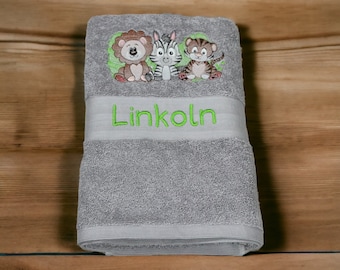 Embroidered Kids Towel with  jungle animal’s and Personalized Name, Monogrammed Child's Bath Towel, Customized Towel.