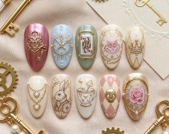 Alice in Wonderland Press On Nails, Handmade 3D Nail Set, Cheshire Cat Nails, Tea Party Nails, Fantasy Gothic Kawaii Nails