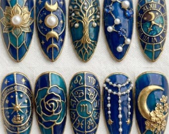 Celestial Press on Nails |Stained Glass Fake Nails |Gothic Witchy False Nails |Handpainted Luxury Nail Art |Zodiac Moon Star Compass |Gift