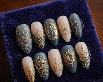 Celestial Press On Nails | Gold Sun and Moon Nails | Witchy Fake Nails | Evil Eye Snake Almond Nails | Gothic 3D Chrome Nails | Gift for Her