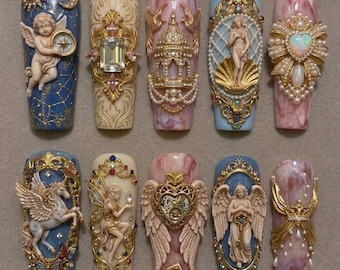 Uñas postizas estilo barroco rococó / Uñas postizas de ángel renacentista / Uñas postizas vintage de Venus con perlas / Uñas de lujo personalizadas