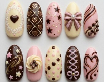 Uñas postizas de chocolate rosa, uñas de postre kawaii, uñas con lazo 3D, set de uñas coquetas, uñas con estrellas y corazones lindos, uñas postizas hechas a mano, regalo para ella.