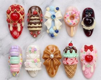 Uñas postizas Kawaii con diseño de postres, set de uñas 3D con dulces, uñas con diseño de donut, helado y pastel, uñas lindas hechas a mano, diseño de uñas de fresa y chocolate.