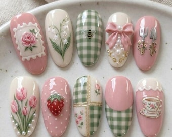 Uñas postizas Pink Cottagecore, Uñas Strawberry Tea Party, Uñas postizas Floral Gingham, Set de uñas hechas a mano con lazo 3D y perlas