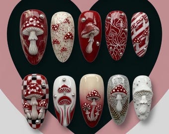 Red Mushroom Press On Nails|Cute Cottagecore Fake Nails|Handpainted 3D Toadstool Nails|Coquette Aesthetic Glue On Nails|Custom False Nails