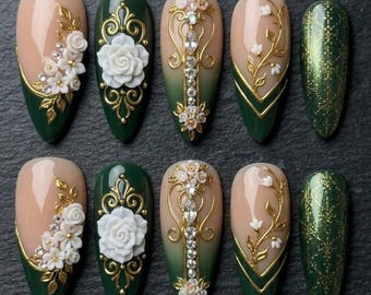 Emerald Green Press On Nails | Royal Baroque Fake Nails | Luxury 3D Rose Nails | Vintage Gold Filigree Nails | Custom Wedding False Nails