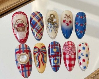 Cherry Picnic Press On Nails, Red Blue Plaid Nails, Coquette Nail Set, Cottagecore Cherry Nails, Handmade 3D Bow Nails,Summer Press On Nails