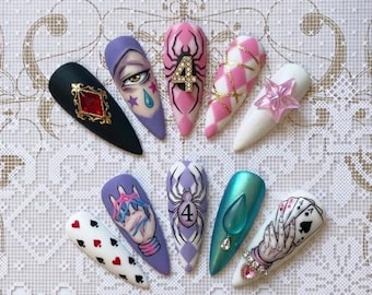 Anime Spider Nail Set, Playing Cards Nails, Pink Purple Gothic Nails, Handmade Reusable Nails