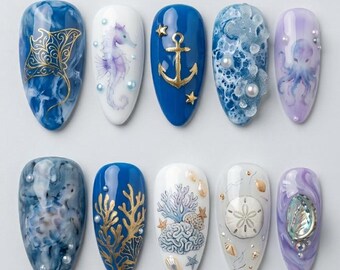 Ocean Press On Nails | Luxury Marine Theme False Nails | 3D Wave Sea Turtle Seahorse Fake Nails | Blue Marble Gold Anchor Glue On Nails