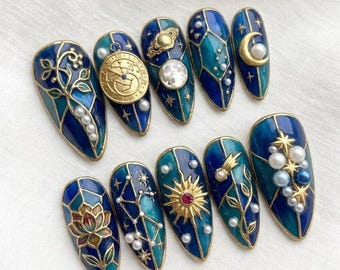 Celestial Press On Nails | Stained Glass Blue Nails | Luxury Fake Nails Coffin Almond | Sun Moon Stars Astrological Nail Art | Gift for Her