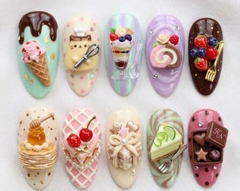 Uñas postizas Kawaii con diseño de postres, set de uñas 3D con diseño de dulces, uñas con diseño de pastel de chocolate y helado, uñas japonesas lindas hechas a mano, decoración de uñas.