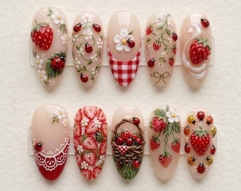 Uñas postizas de mariquita fresa, uñas de fresa 3D, set de uñas estilo cottagecore, uñas de verano hechas a mano, uñas de margarita, lindos diseños de uñas de frutas