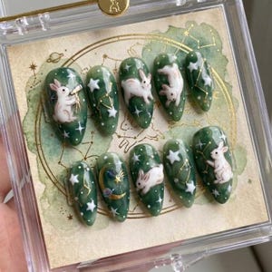 Celestial Bunny Press On Nails | Jade Green Cat Eye False Nails | Cute Rabbit Astrology Fake Nails |Starry Night Moon Reusable Nails Glue On