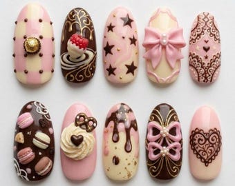 Uñas postizas Kawaii con diseño de postres, set de uñas de chocolate rosa, uñas con lazo 3D, uñas con diseño de helado de macaron, uñas postizas con diseño de dulces, uñas lindas hechas a mano.