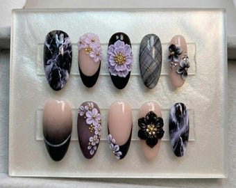Uñas postizas de lujo moradas y negras / Uñas góticas florales 3D / Uñas postizas adhesivas / Uñas almendradas reutilizables / Elegante diseño de uñas con efecto mármol