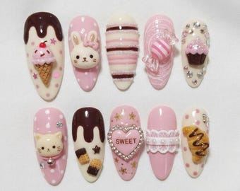 Set de uñas postizas rosas Kawaii, uñas 3D con diseño de postres dulces, uñas con diseño de conejito, helado y cupcake, uñas japonesas Harajuku, uñas postizas hechas a mano.