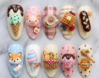 Kawaii Food Press On Nails, 3D Dessert Nail Set, Ice Cream Pig Waffle Honey Nails, Cute Handmade Press Ons, Cottagecore Nails, Gift for Her