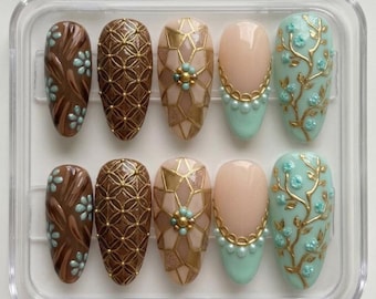 Uñas postizas verde menta y marrón chocolate, uñas florales 3D, set de uñas de lujo con línea dorada, uñas postizas hechas a mano.