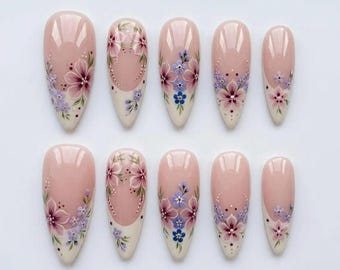 Pink Floral Press On Nails, Hand Painted Flower Nails, Nude Almond Nails, Spring Garden Nails, 3D Floral Nail Set, Bridal Press On Nails