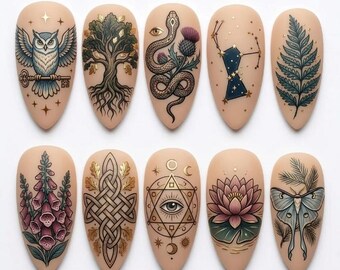 Uñas postizas estilo bruja / Uñas postizas góticas místicas / Uñas postizas de búho y serpiente celestiales / Diseño de uñas estilo academia oscura / Uñas reutilizables pintadas a mano