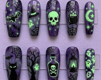 Glow in the Dark Halloween Press on Nails, Spooky Purple Fake Nails, Witchy Skeleton Ghost Bats Reusable Nails, Gothic False Nails Glue On