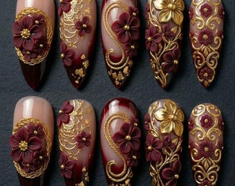 Burgundy Floral Press On Nails, 3D Flower Nails, Gold Embossed Nail Art, Luxury Gothic Nails, Handmade Almond Nails, Bridal Nail Set