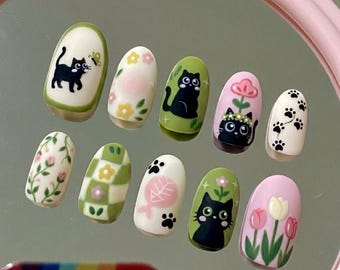 Cute Black Cat Press On Nails | Sage Green and Pastel Pink Fake Nails | Cottagecore Floral Nails | Reusable Glue On Nails | Kawaii Nail Art