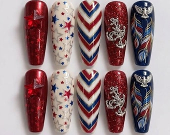 Uñas postizas patrióticas / Uñas del 4 de julio / Uñas postizas rojas, blancas y azules / Uñas con ancla y águila náuticas / Uñas personalizadas del Día de la Independencia