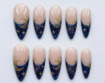 Celestial Moon Press On Nails, Navy Blue French Tip Nails, Gold Moon Star Nails, Galaxy Press On Nails, Handmade Almond Nails, Witchy Nails
