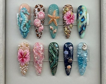 Uñas postizas 3D con diseño oceánico, uñas para vacaciones en la playa, set de uñas de hibisco tropical, uñas de sirena con estrellas de mar y conchas, uñas de verano hechas a mano.
