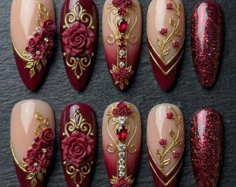 Burgundy Rose Press On Nails, 3D Floral Nail Set, Red Gold Luxury Nails, Rhinestone Gothic Nails, Handmade Stiletto Nails, Valentine Nails