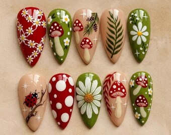 Mushroom Press On Nails | Cottagecore Almond Nails | Forest Nature Fake Nails | Red and Green Daisy Nails | Custom Handmade Glue On Nails