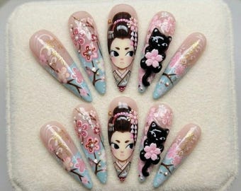 Uñas postizas de geisha japonesa, set de uñas 3D Sakura Cat, uñas rosas y azules hechas a mano, uñas de anime kawaii, uñas postizas reutilizables
