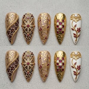 Luxury Leopard Press On Nails, Gold Filigree Nail Set, Ruby Gem Nails, Baroque Gothic Nails, Extra Long Stiletto Nails, Handmade False Nails