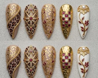 Uñas postizas de lujo con estampado de leopardo, set de uñas con filigrana dorada, uñas con gemas de rubí, uñas barrocas góticas, uñas stiletto extralargas, uñas postizas hechas a mano.