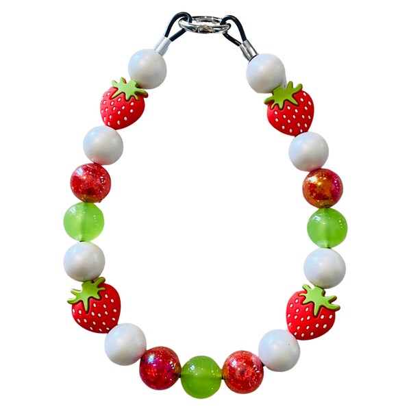 Strawberry Shortcake Dog Collar, Silicone Strawberries, Green, Red & White Acrylic Beads, Durable and Festive Summer Fun Collar